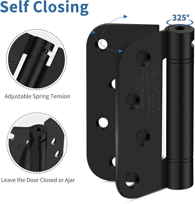 IOQ 4 Inch Self Closing Door Hinges, 5/8" Radius Corners Spring Loaded Hinges for Exterior, Garage, Front and Back Door, UL Listed, for Left and Right Hand Door, Matte Black, 3 Pack - Image 4